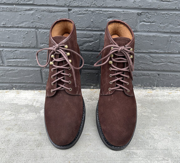 J. Crew Field Boots in Brown Suede against grey brick wall